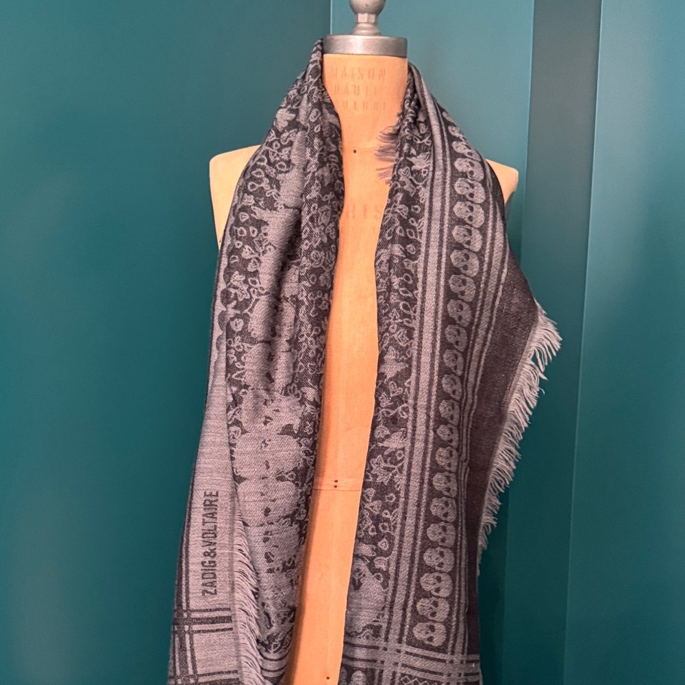 Zadig & Voltaire Black and Gray Skull Patterned Scarf